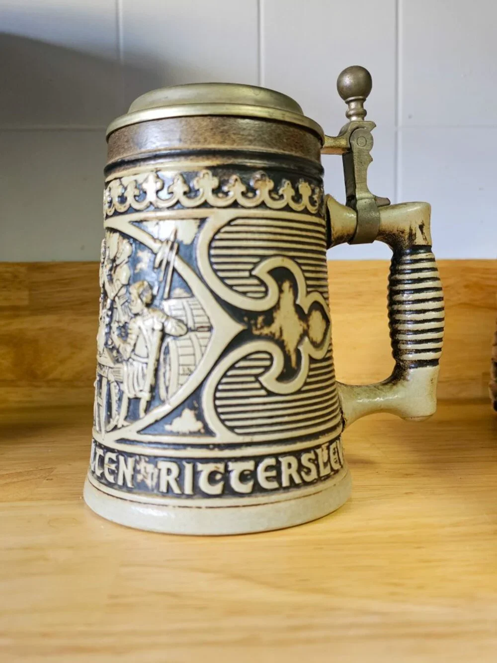 Vtg Gerz German Salt Glaze Stoneware Lidded Beer Stein Knighthood Pewter Lid